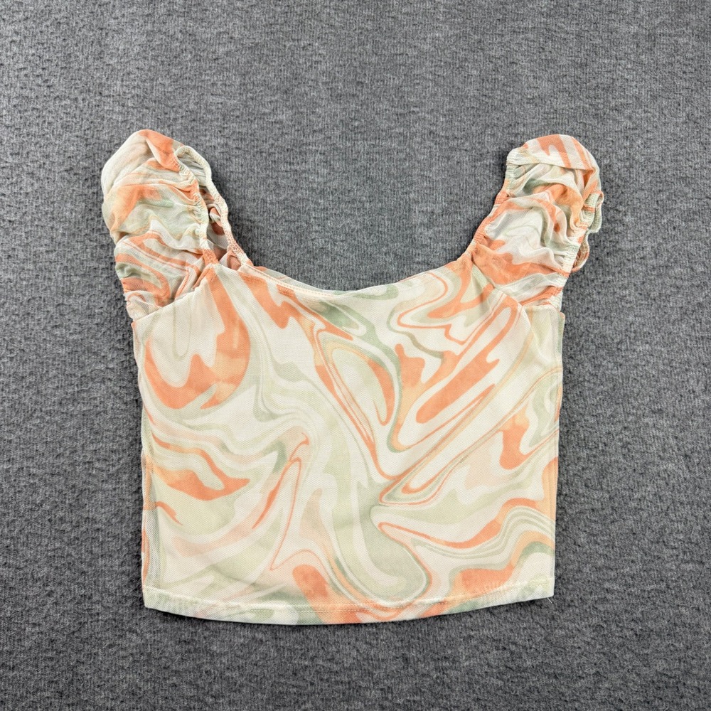 7DAY WKND Women's S Small Swirl Print Mesh Y2K Crop Top‎ Orange Green